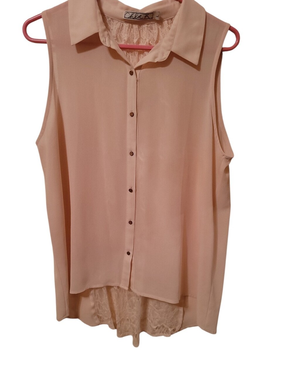 Sleeveless See-thru Lace-Back Collared Blouse - Peachy, pink allies.